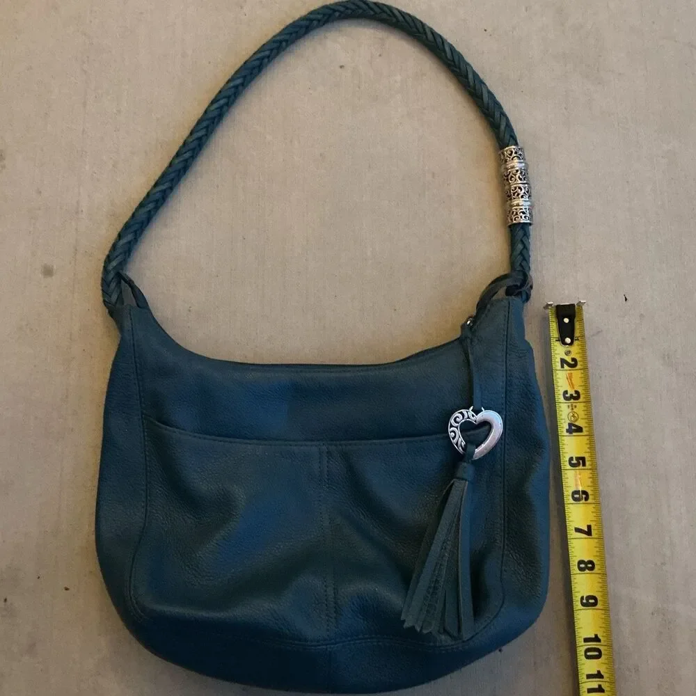 Brighton Blue Leather Hobo Shoulder Bag Braided Strap Heart Tassel Purse